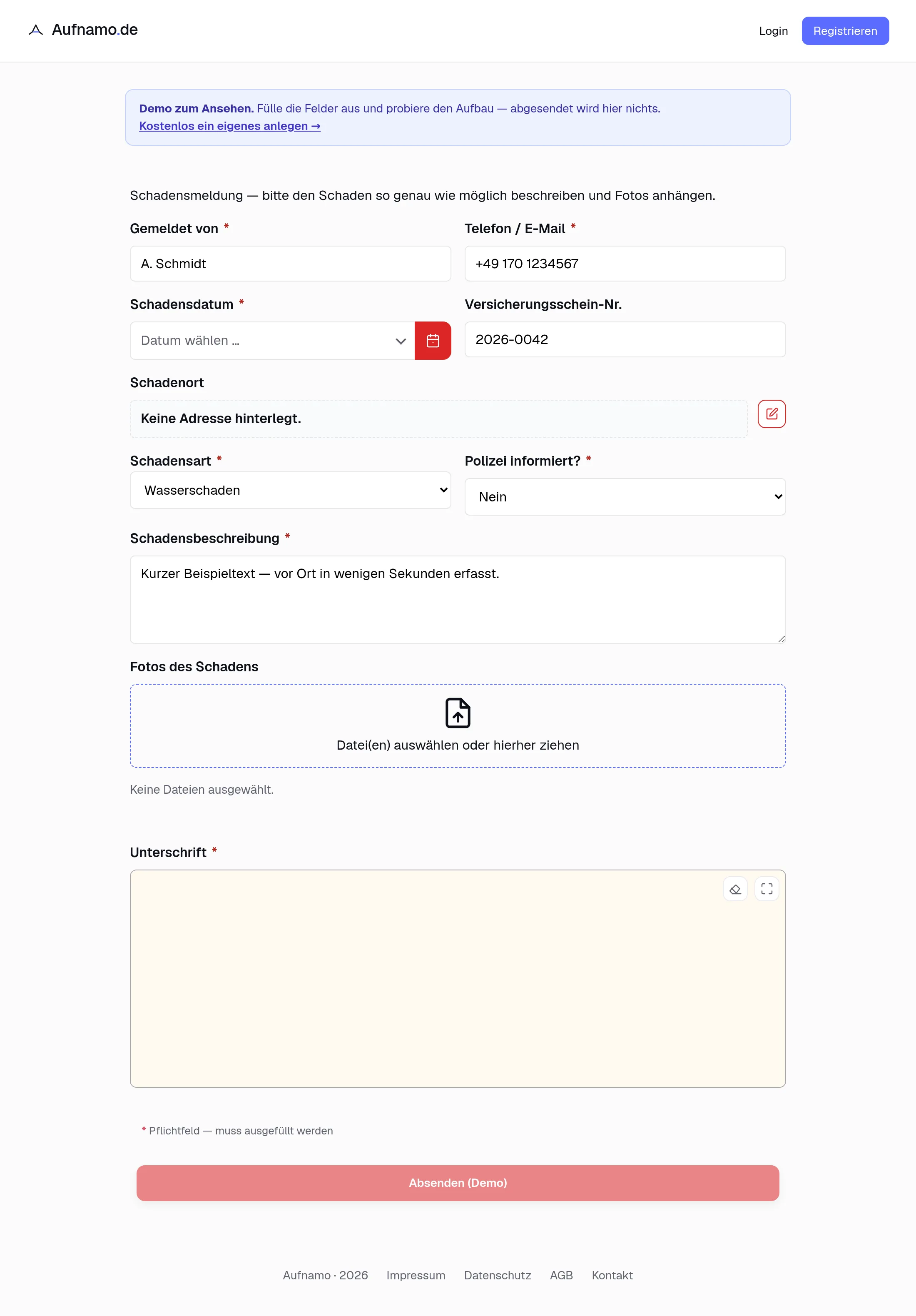 Das ausgefüllte Formular auf dem Tablet.