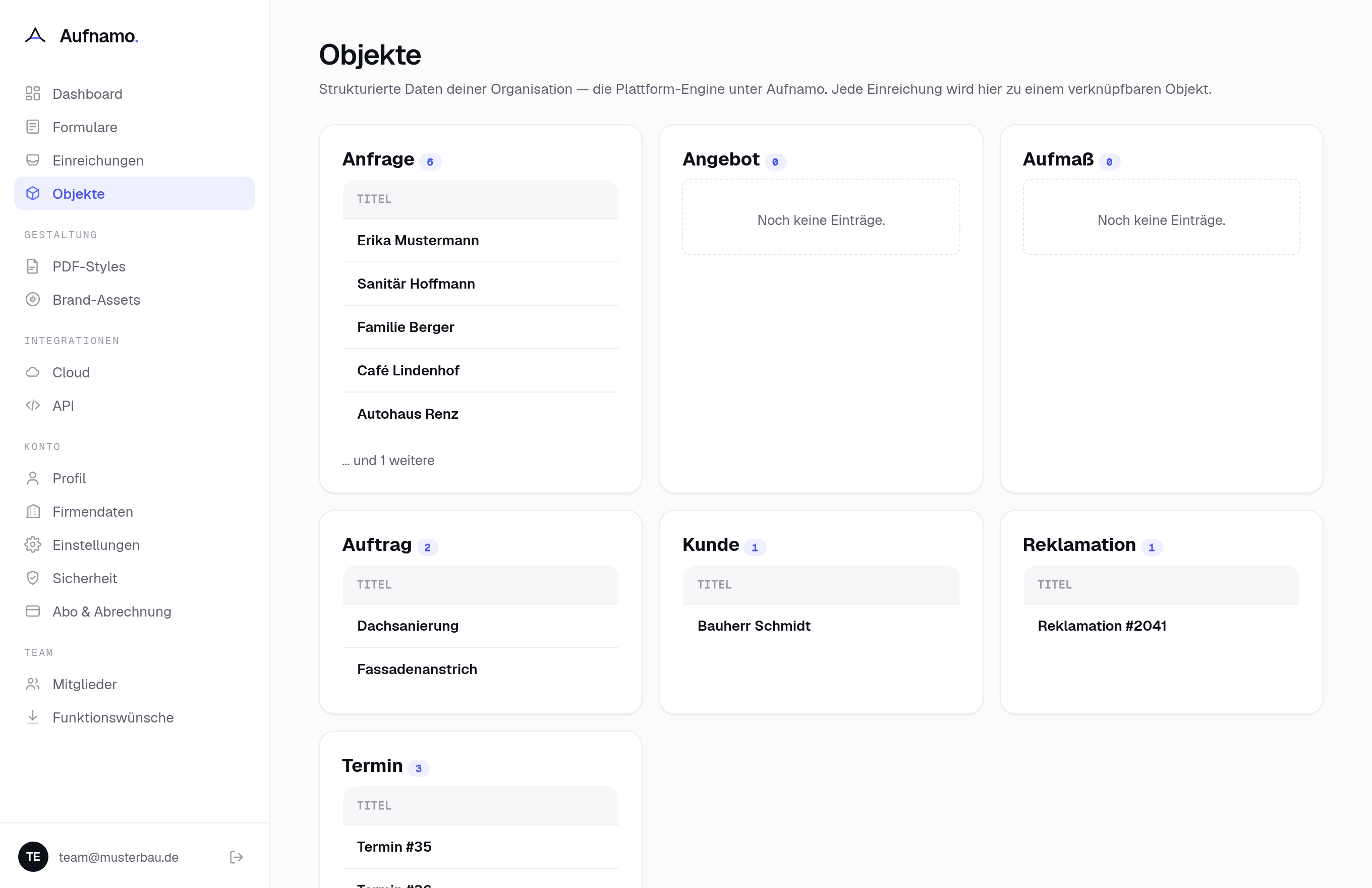 Die Objekt-/CRM-Ansicht von Aufnamo