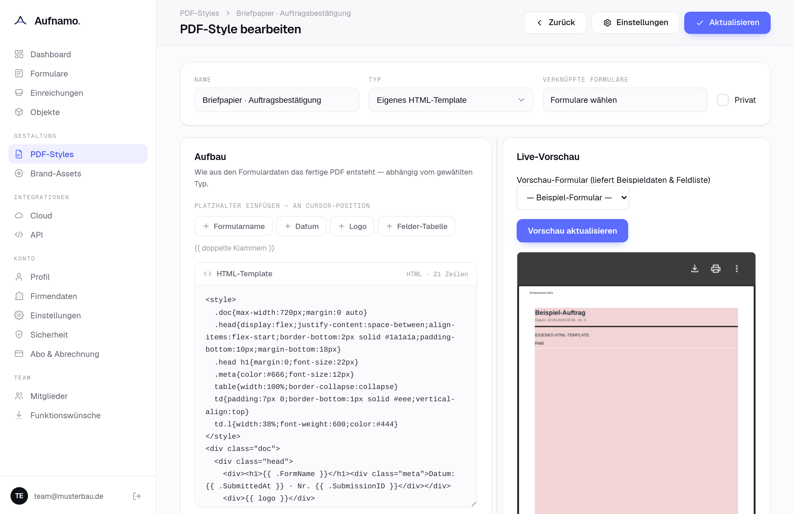 Der PDF-Designer von Aufnamo